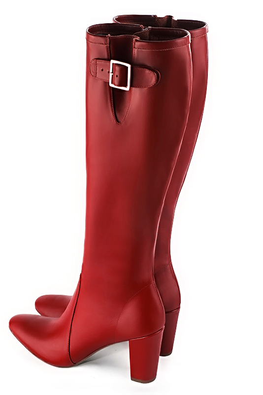 Scarlet red women's knee-high boots with buckles. Round toe. High block heels. Made to measure. Rear view - Florence KOOIJMAN